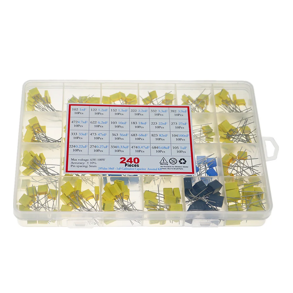 240pcs/BOX 63V 100V 24Value 1nF-1uF Polypropylene Film Capacitor Correction capacitor package kit Polypropylene Safety Plastic Film Capacitor Kit polypropylene film capacitor
