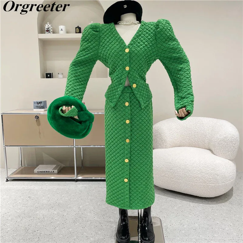 Korean Fashion Chic Puff sleeve Rhombus V-neck Cropped Cardigan Jacket Tops + Mid-length Single-breasted Long Skirt 2 Piece Set |