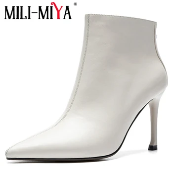 

MILI-MIYA Sexy Fashion Boots Ankle Genuine Natural Leather Spring Autumn Thin High Heels Pointed Toe Party Wedding Shoes Women