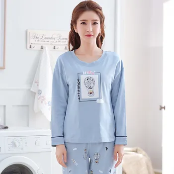

New Blue Cartoon Print Pajamas Set Women's Home Wear Suit Long-sleeved Top And Trousers 2 Pcs Set