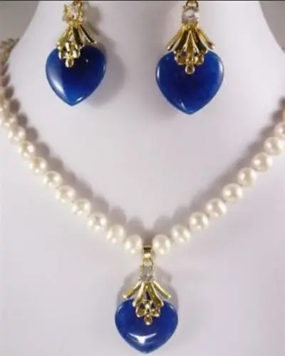white pearl Blue Jade Pendant necklace earring set AAA 18K GP gold plated watch Quartz stone crystal (A0516) | Украшения и