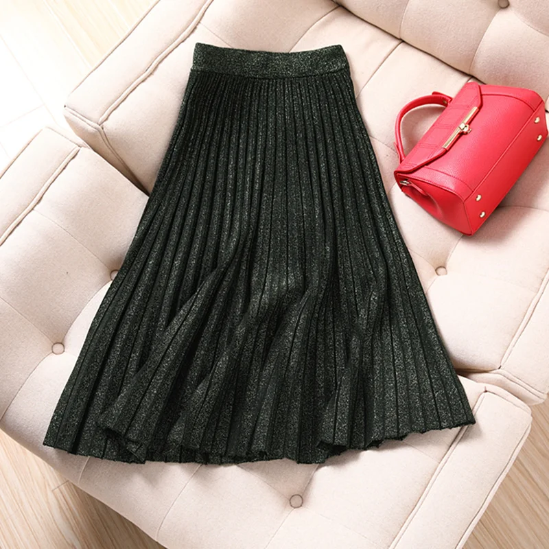 

Temperament retro autumn and winter new retro women's body slimming bright silk knit skirt high waist skirt wild pleated skirt