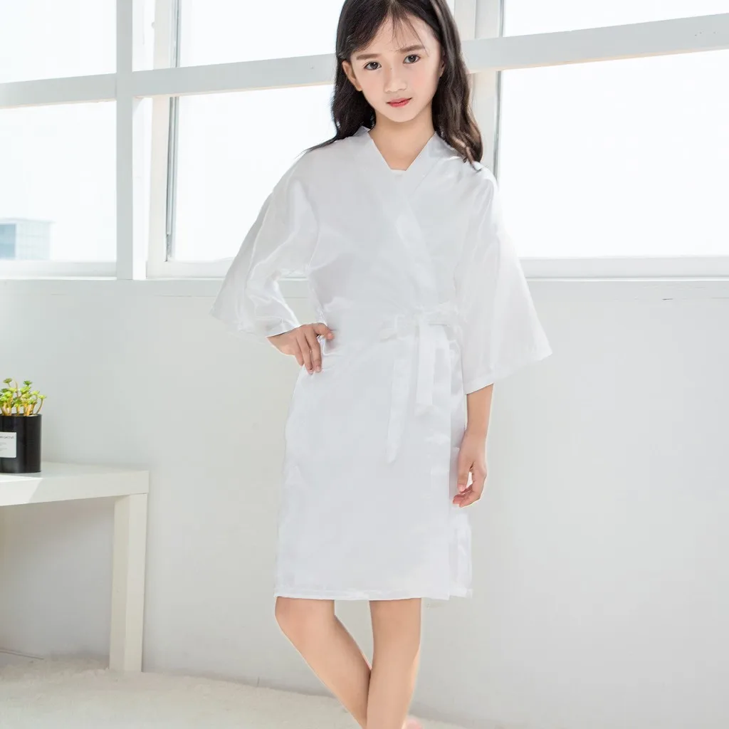 Toddler Baby Kids Girls Solid Silk Satin Kimono Robes Bathrobe Sleepwear Clothes 1PC Bathrobe+1PC Ribbons G1021