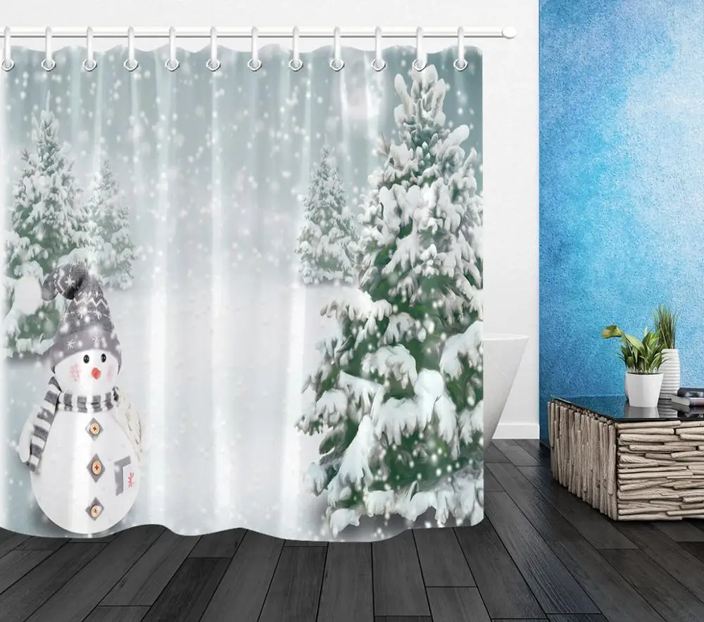 Winter Snow Forest Snowman Christmas Home Bathroom Bathtub Decor Polyester Waterproof Fabric Shower Curtain 12 Hook Bath Doormat