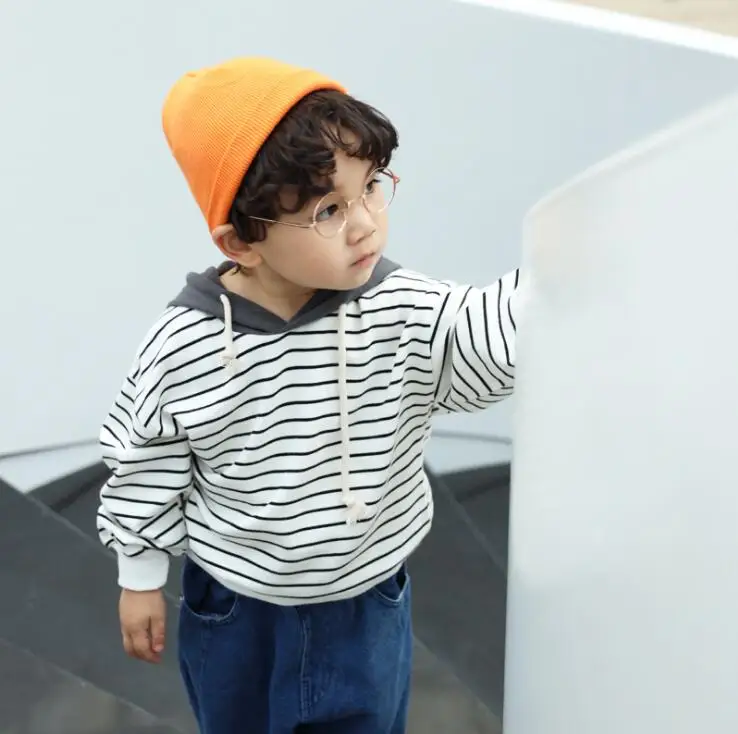 new arrival boys girls striped t-shirt cotton full sleeve autumn kids hooded sweatshirts 2-7t