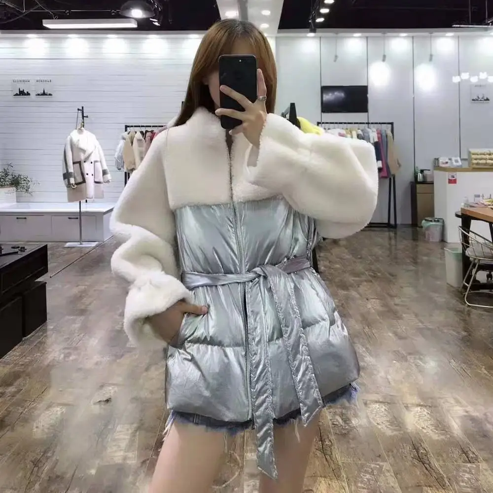 

Down jacket 2019 new arrival women coat winter patchwork wool blends high quality clothing with belt sheep fur parka real price