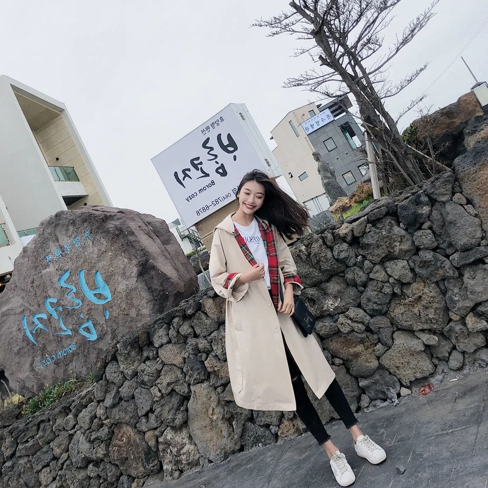

Contrast Color Trench Coat 2018 Autumn New Style Korean-style WOMEN'S Wear Single Breasted Plaid Stitching Hooded Trench Coat