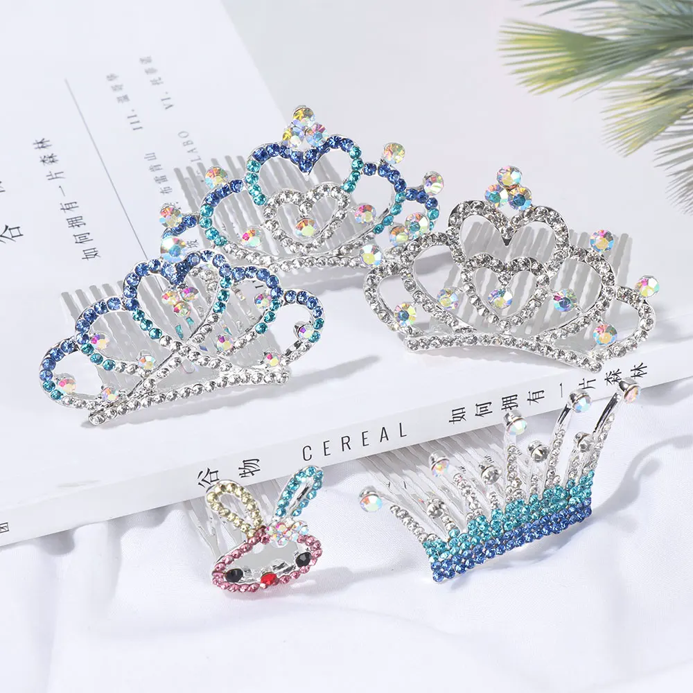 여아용 미니 티아라 헤어 클립, 크리스탈 라인석 공주 왕관 빗 의상 액세서리, 생일 파티 모자 선물, 1PC