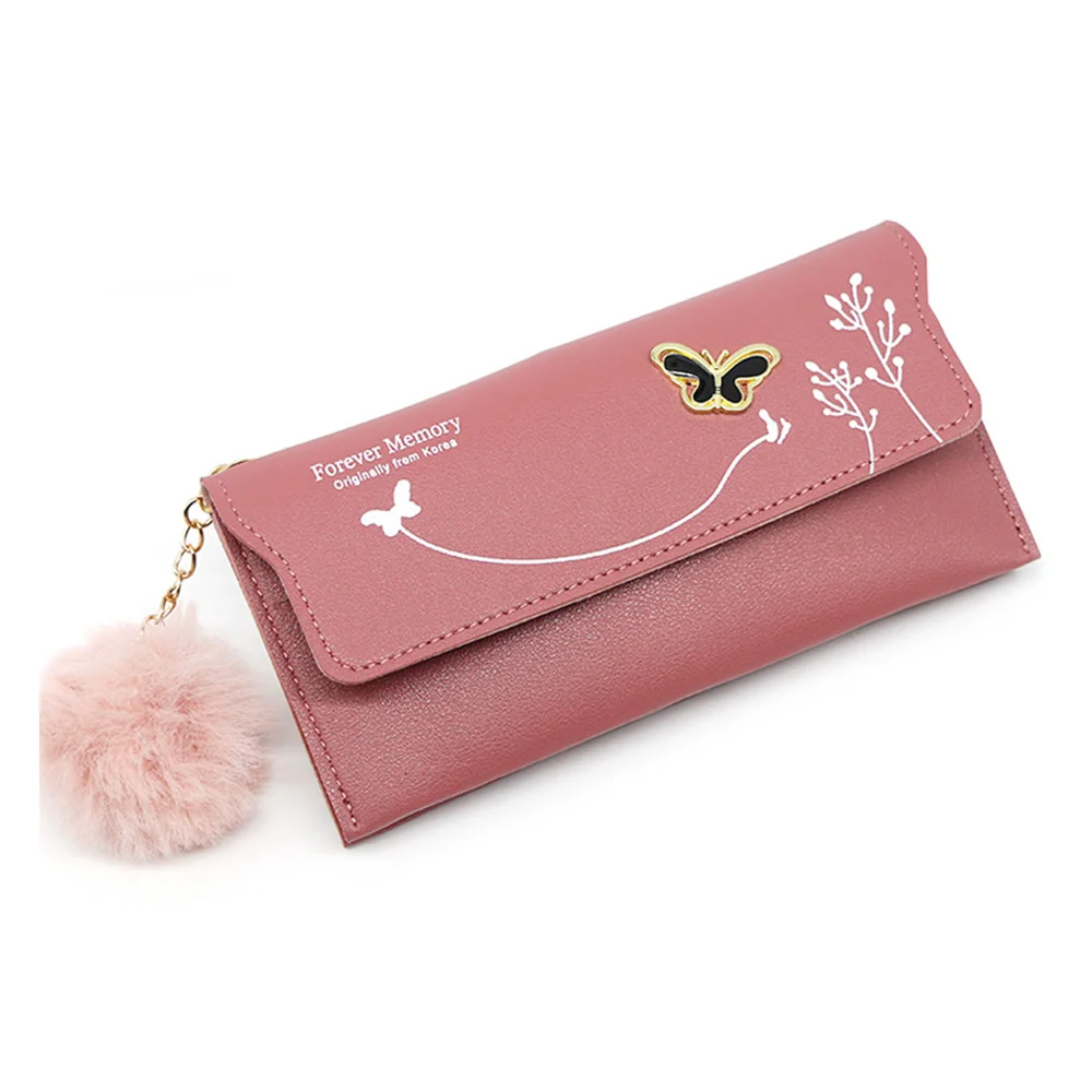 

Fashionable New Women Long Wallets Pure Color Wool Ball Bow Clutch Bag Women's Long Bag Card Bag Coin Purse