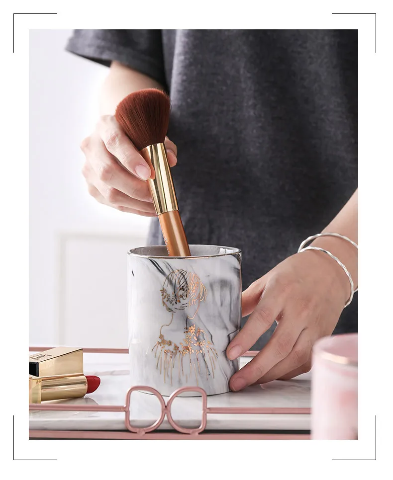 Прекрасная керамическая подставка для ручек с мраморной текстурой, подставка для карандашей, настольный органайзер для макияжа, держатель для кистей, украшение для домашнего стола, подарок