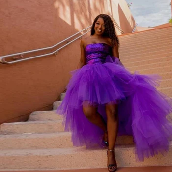 

Custom made High Low Tulle Skirt Purple Puffy Hi Low Tutu Party Skirt Layered Women Asymmetrical Long Skirt for Prom
