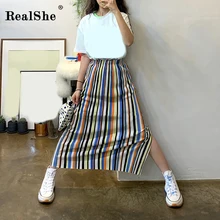 RealShe Женская юбка длинная высокая эластичная талия полосатая сплит длинная юбка из шифона Летняя Повседневная элегантная Jupe Femme