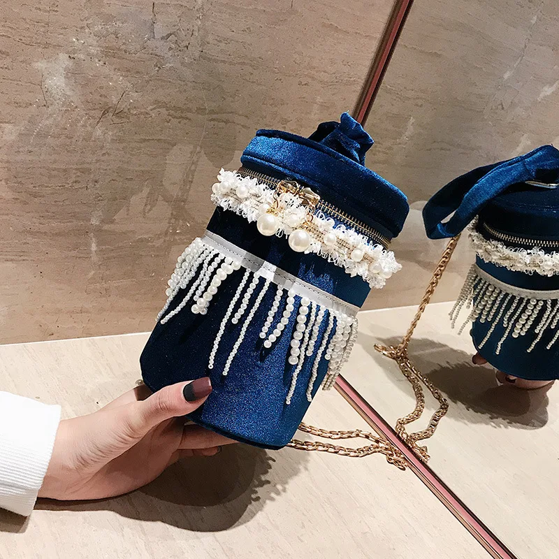 

Winter Gold Velvet Bucket Bag Pearl Sweet Ladies' Shoulder Oblique WOMEN'S Bag