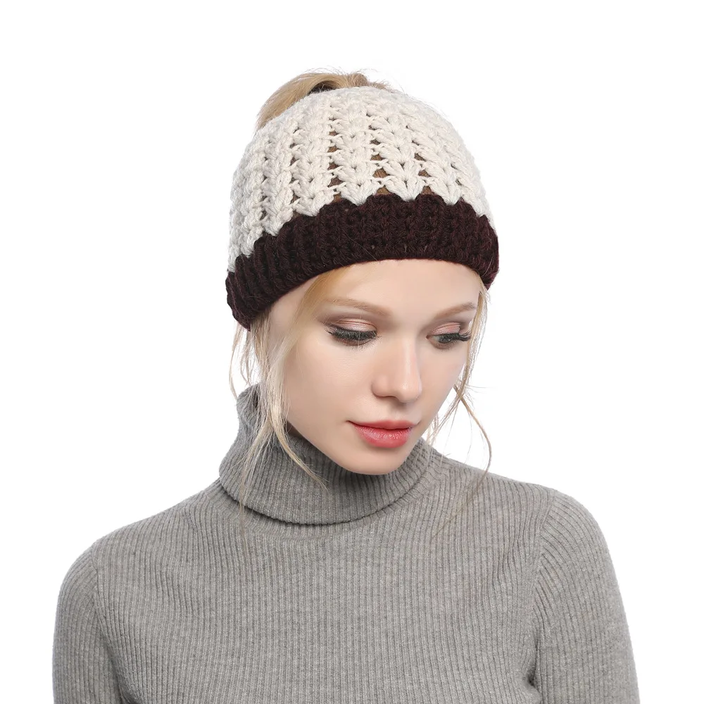 Europe, America, autumn and winter, new, matching, hole, cap, cap, empty top, knitted wool cap, ponytail cap, warm hat