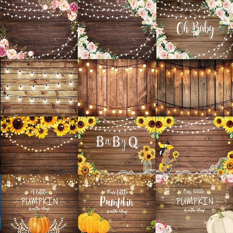 Rustic Brown Wood Plank Photography Background String Lights Sunflower Decoration Props Newborn Shower Photo Backdrop Banner