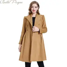 Belle Poque Элегантное длинное женское пальто с лацканами, 2 кармана, куртки с поясом, одноцветное пальто, женская верхняя одежда, зимние куртки
