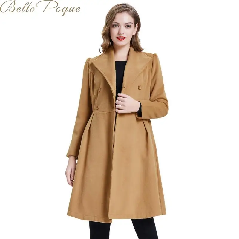

Belle Poque Elegant Long Women's coat lapel 2 pockets belted Jackets solid color coats Female Outerwear 2019 Winter Jackets