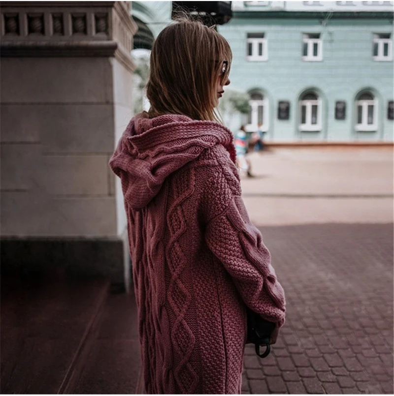Модный женский Зимний вязаный свитер элегантный теплый халат кардиган Femme женские трикотажные изделия Дамская уличная одежда с капюшоном dames kleding