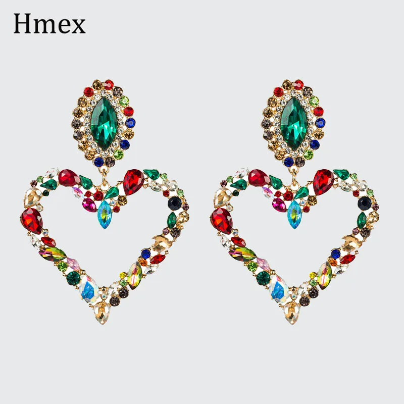 Trendy Design Rhinestone Heart-shaped Pendant Dangle Earrings For Women Shiny multicolor Crystal Statement Jewelry | Украшения и
