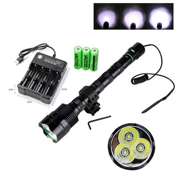 

3800Lm Hunting Flashlight 3*XM-L T6 Tactical Lantern 5 Modes LED Torch+Remote Pressure Switch+3*18650 +Rifle Scope Mount+Charger