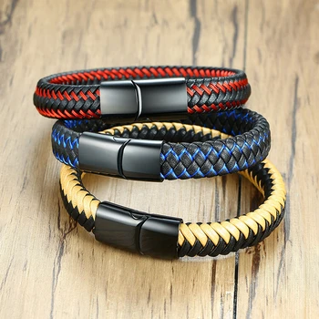 

Vnox 12mm Braided Leather Men's Bracelet Clasp Casual Male Woven Wrap Retro Bangle Stainless Steel Gents Wristband