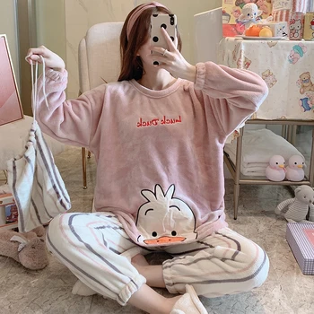 

Women Pajamas Sets Casual Housewear Tops Long Trousers Sleepwear Pijama Ladies Thick Pijama Women Nightwear Cute Flannel Pajamas