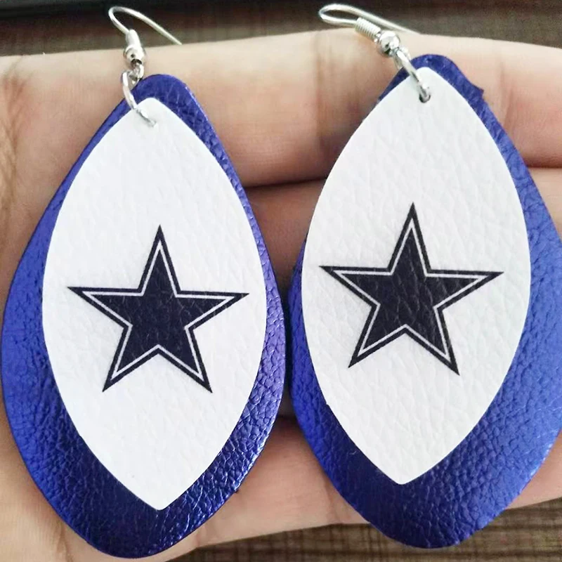 New! Dallas Cowboy Double Layer Glitter Football Fans Faux Leather Earrings Fahion Teardrop Leaf Earrings We Can Customize Stock