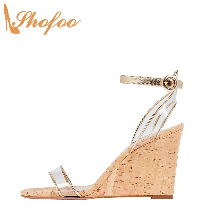 

Gold Clear Patchwork Women Sandals Cork High Wedge Heels Open Toe Large Size 14 16 Ladies Summer New Fashion Mature Shoes Shofoo