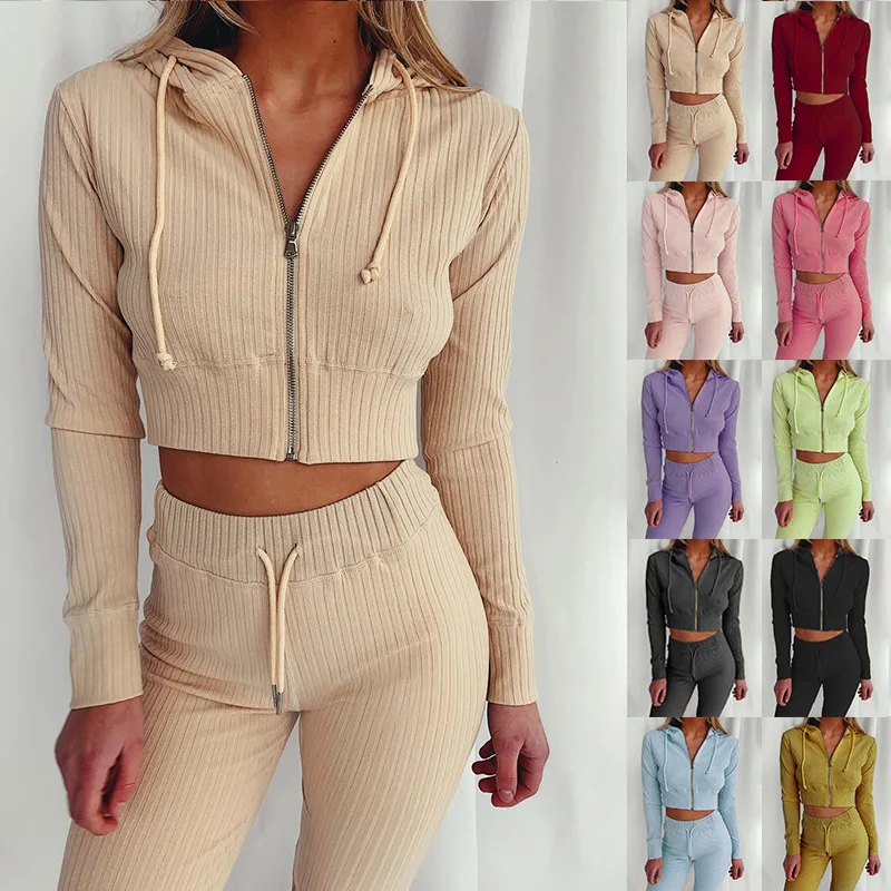 

Autumn Hooded Long Sleeve Slim Sports Casual Suit Solid Color 2-piece Set European and American Women's Clothing