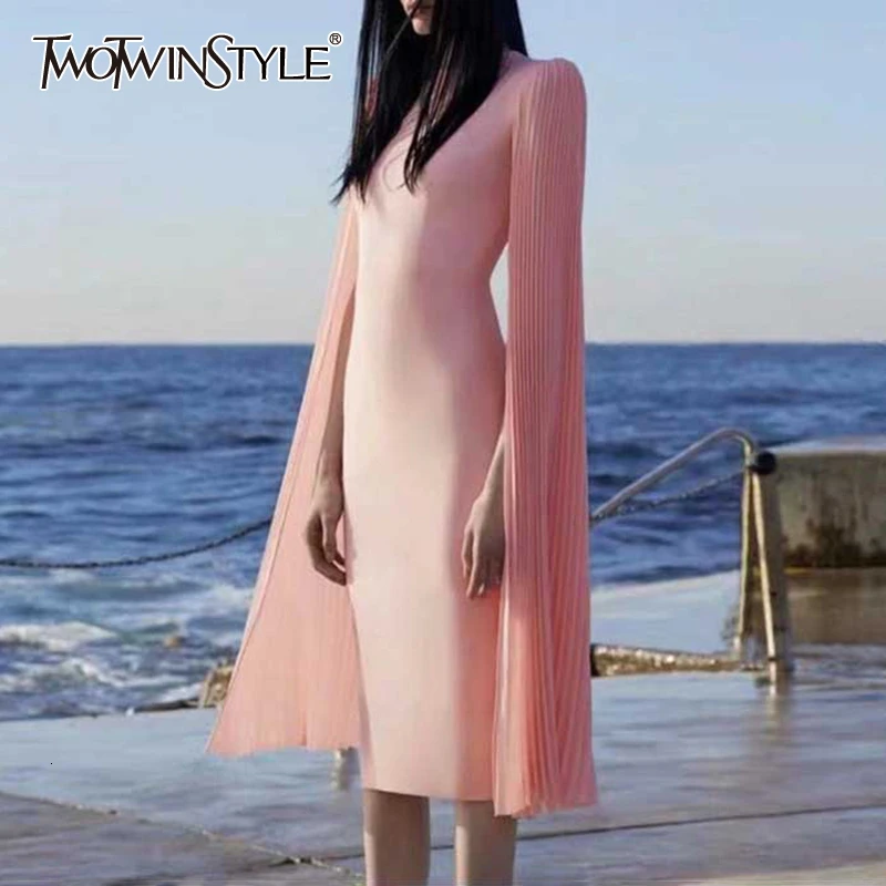 TWOTWINSTYLE сексуальные тонкие женские платья с круглым вырезом и длинным рукавом, высокая талия, с рюшами, платье с разрезом для женщин, модная одежда