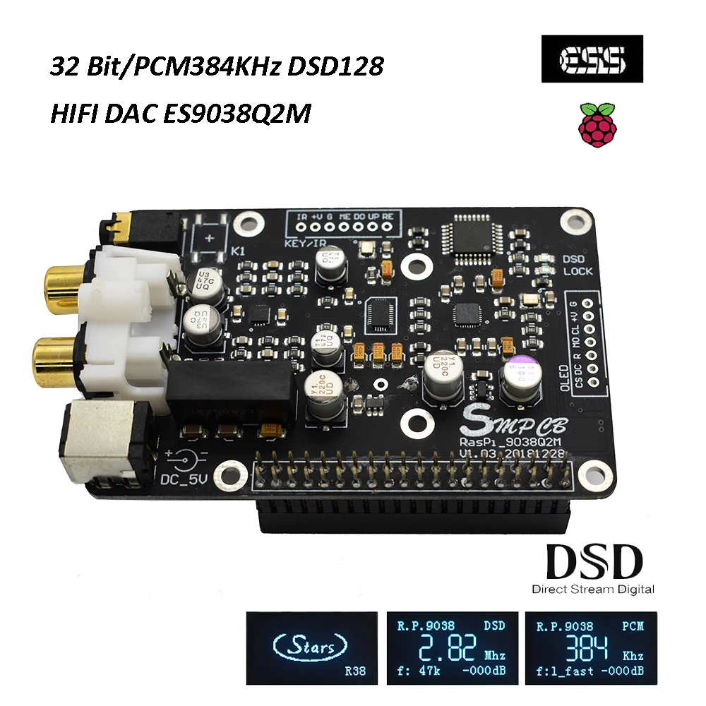 Lusya OLED ES9038q2m OPA1612 Op декодер цифровая плата вещания I2S 32 бит/384K DSD128 для Raspberry pi 2B 3B + 4B
