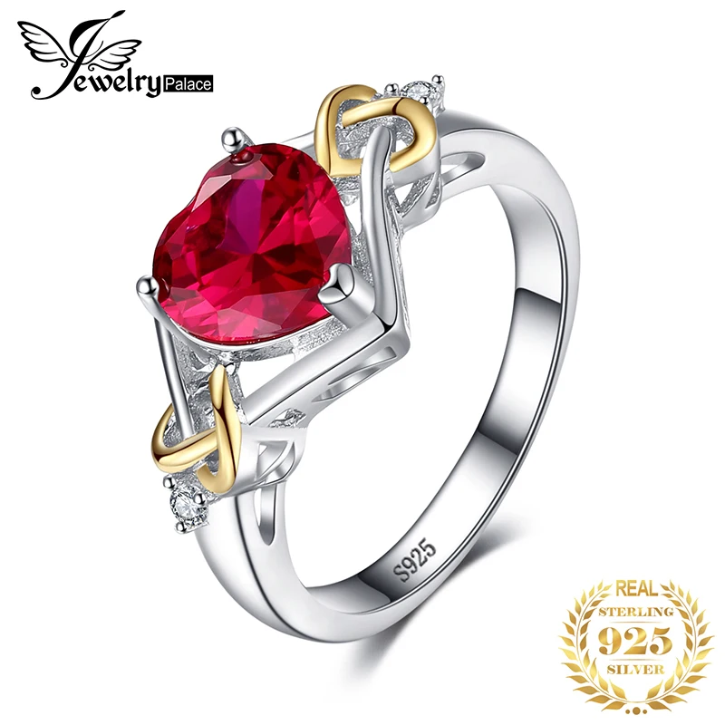 

JewelryPalace Love Knot Heart 2.5ct Created Red Ruby Anniversary Promise Ring 925 Sterling Silver 18K Yellow Gold Women Fashion
