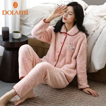 

Winter Thick Flannel Women Pajamas Sets Velvet Autumn Warm Sleepwear Female Pyjamas Homewear Thick Home Suit Outwear Fashion