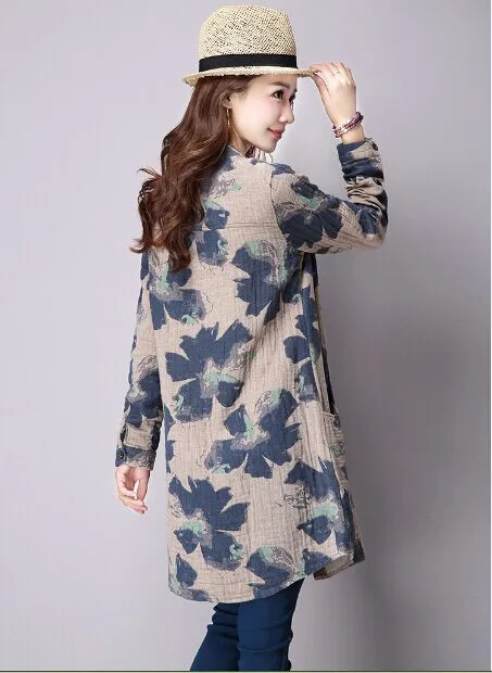 Весенне-осенний стиль, хлопок, лен, винтажный принт, blusas femininas, рубашка, женская блузка,, топы Mori, длинное кимоно, женский кардиган