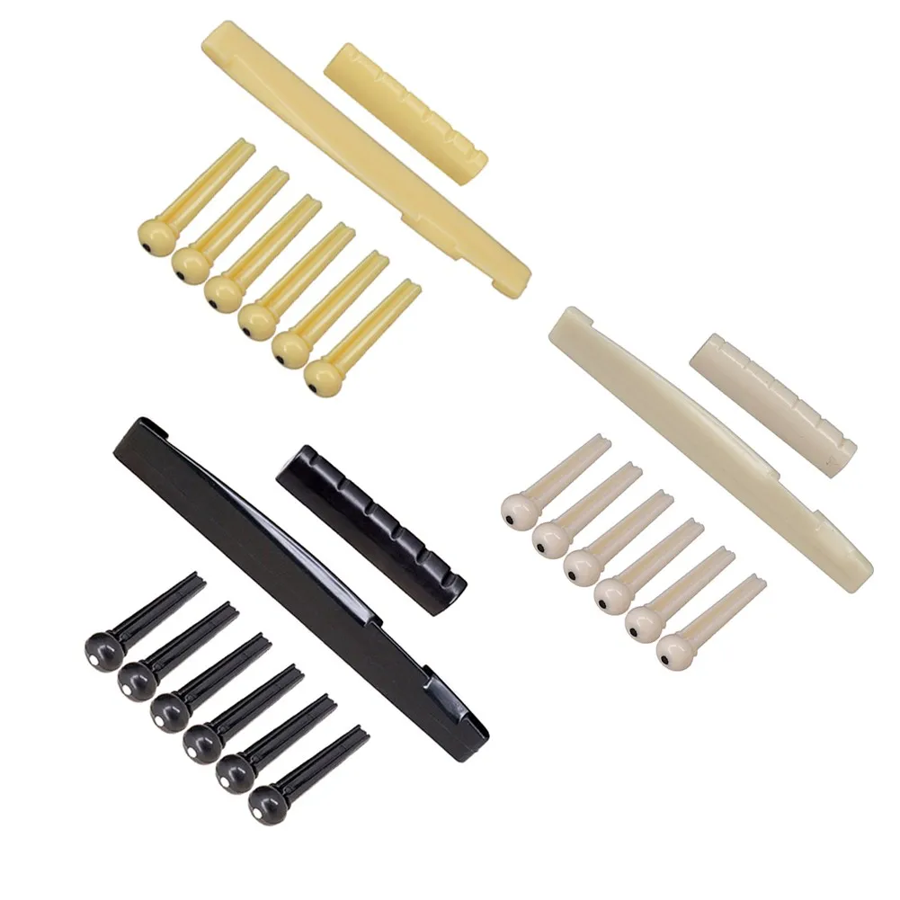 

6-String Guitar Nut Saddle + Bridge Pin Set/ 6 Pieces Bridge Pins White / Yellow / Black For Acoustic Guitars Accessories