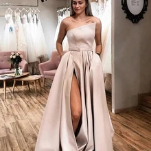 Элегантные атласные вечерние платья цвета шампанского, длинные, трапециевидные, с высоким разрезом, сексуальные, вечерние платья, с карманами, abiye gece elbisesi