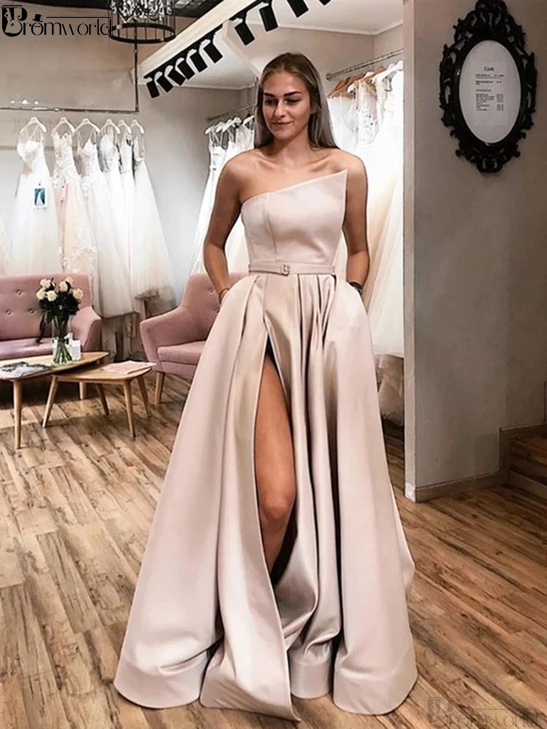 

Elegant Champagne Satin Evening Dresses Long A-Line High Slit Sexy Formal Party Gowns 2019 with Pockets abiye gece elbisesi