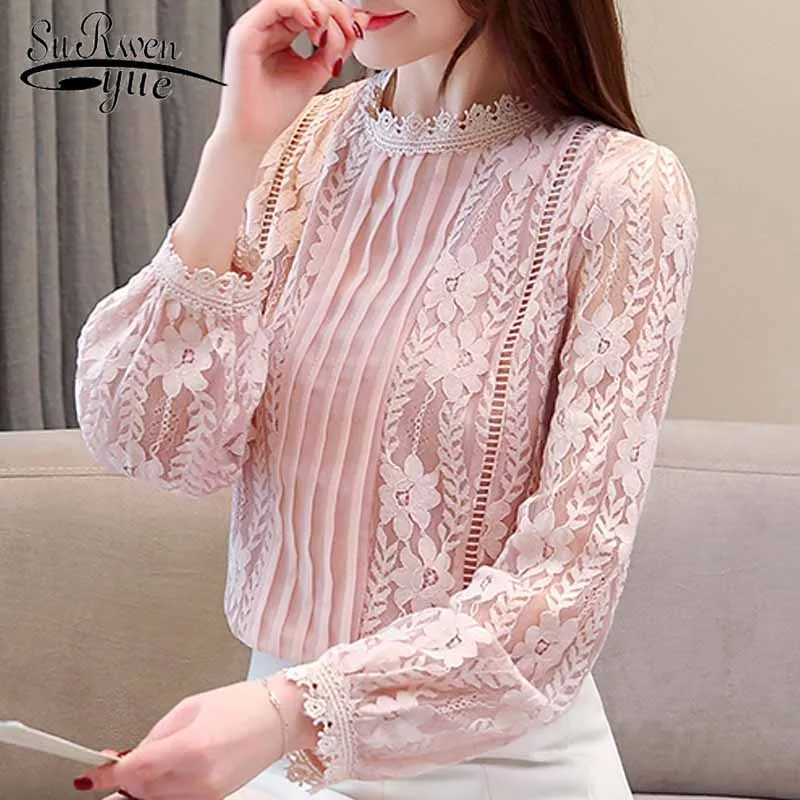blouses woman 2019 fashion hollow lace blouse women long sleeve women shirts solid white pink women blouse top female 1991 50