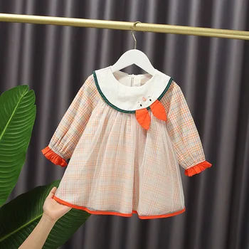 

Autumn Baby Girl's Sweet Mesh Princess Dress Cute Rabbit Eared Big Collar Long Sleeve Tartan Skirt Above Knee, Mini Plaid Cotton