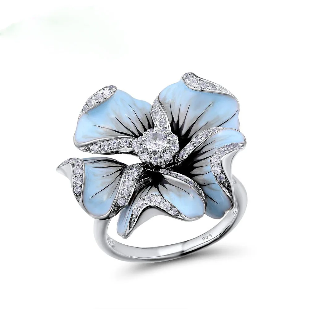 Cute Silver Color Blue Epoxy Flower Rings with Zircon Stone for Women Wedding Engagement Ring Fashion Jewelry 2020 | Украшения и