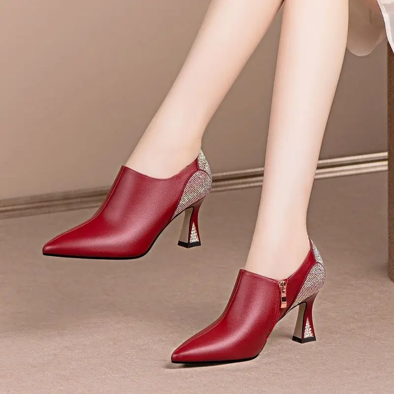 

ALLBITEFO Size 33-43 Rhinestone Design Soft Genuine Leather High Heel Shoes Spring Fashion Sexy Party Wedding Women Heels Shoes