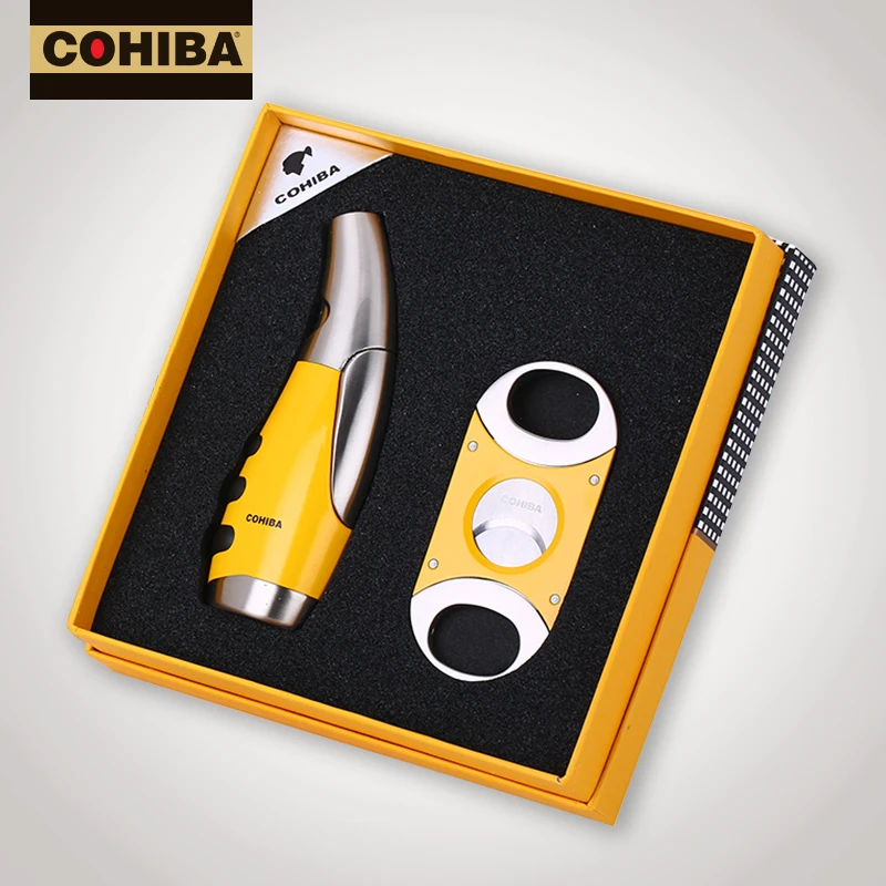 COHIBA металлический желтый 1 фонарь струйный огонь сигарный набор подарочный костюм W/сигары резак табака Зажигалка для путешествий сигарный набор портативный инструмент для курения