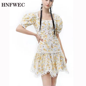 

2020 square collar puff sleeves short sleeves printed lace patchwork embroidery high waist pleasted dress U283
