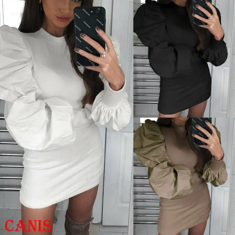 Женское трикотажное облегающее платье-свитер с длинными пышными рукавами, длинный джемпер, платья-карандаш