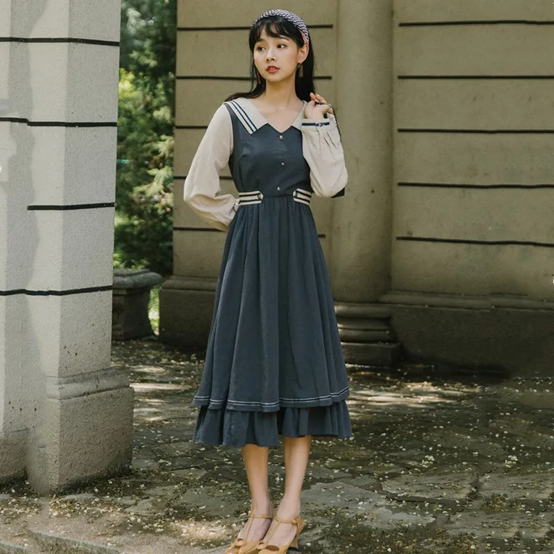 

Real shot high-quality women's temperament dress 2019 new fashion design retro slim college style casual dress