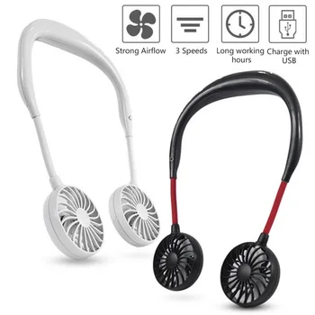 

USB Rechargeable Wearable Portable Hand Free Neckband Double Fan Personal Neck Hanging Fans 3 Speed Adjustable