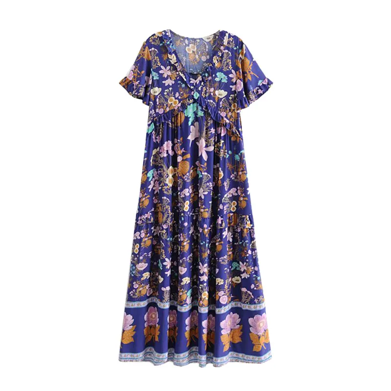 Элегантное богемное шикарное летнее винтажное длинное платье с оборками и цветочным принтом 2019 модные женские платья с коротким рукавом