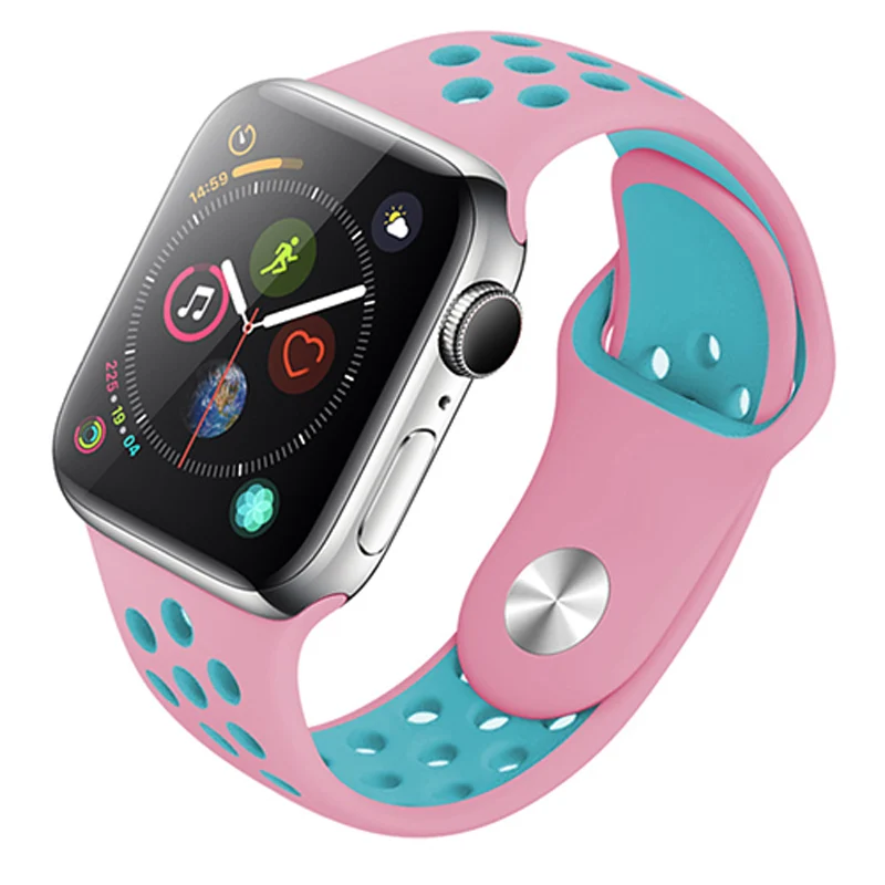 Pink Green Для Iwatch 3 2 1 38 мм 42 мм аксессуары дышащий силиконовый спортивный ремешок для Apple Watch 5 4 ремешок 44 мм 40 мм резиновый ремешок - Цвет ремешка: Pink Green