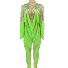 

Fluorescent Green Tassel Long Sleeve Print Bodysuits Tight Stretch Women Jumpsuit Jazz Dance Costume Club Performance Show Wear