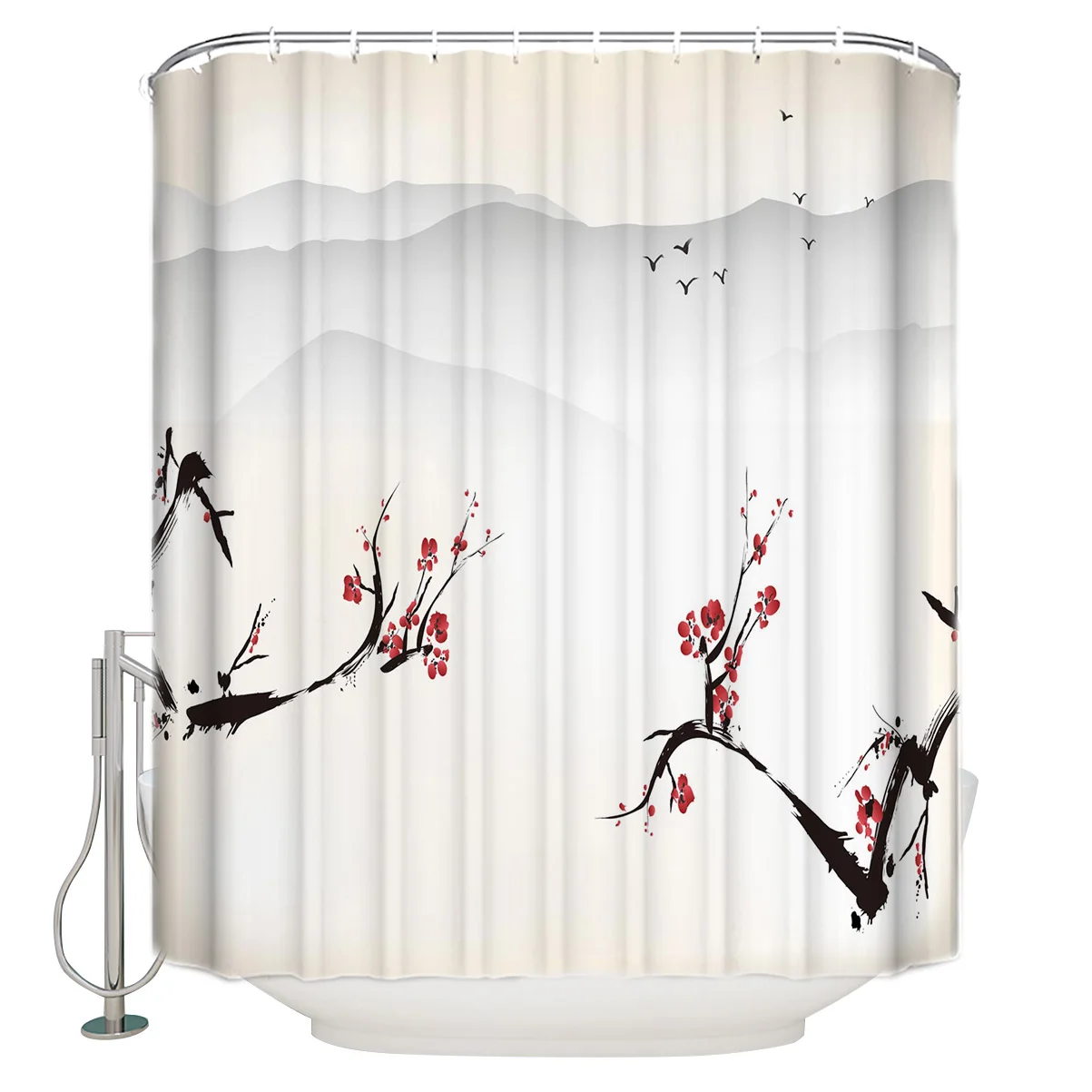 

Red flower plum flower ink scenery design Shower Curtain with Hooks Bamboo Trees with Ink in Traditional